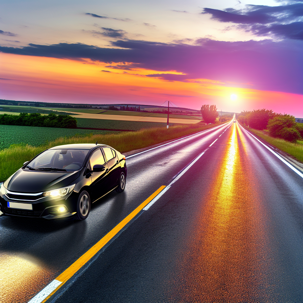 Car driving on a road with a sunset in the background