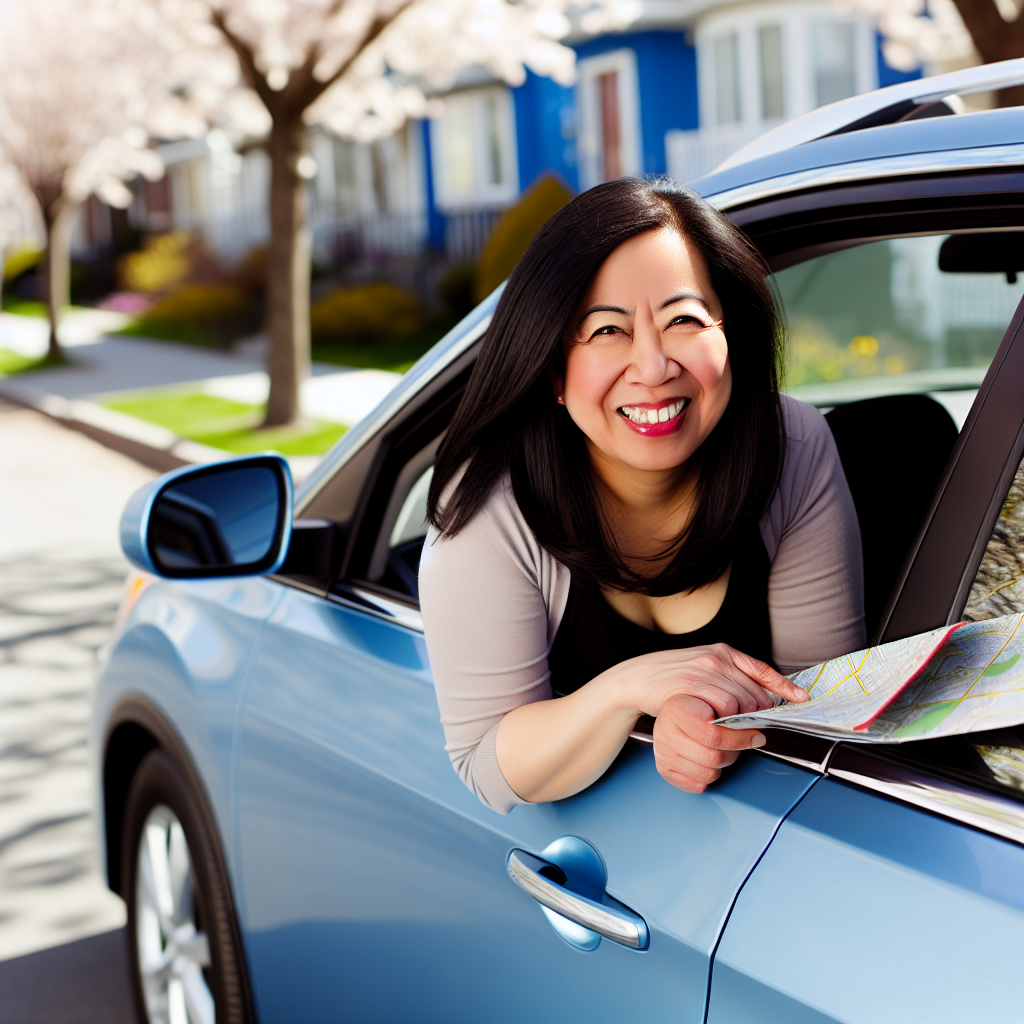 Smiling driver leaning out of a car window